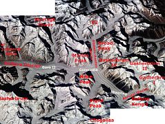 Nasa With Labels Baltoro Glacier K2 Broad Peak Gasherbrum I, II and IV Masherbrum ISS001-343-26 and 27